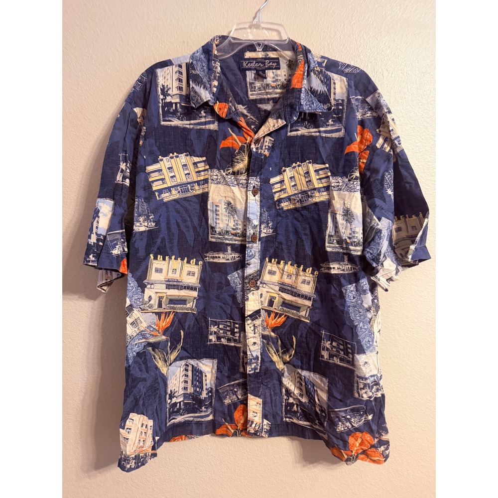 Keeler Bay Mens XL Art Deco Tropical Print Cotton Short Sleeve Button Down Shirt
